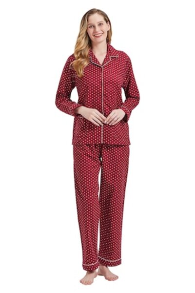 Global Set Pijama Dama Finet, Bumbac100%, Model cu inimioare roșu/burgundy, m...