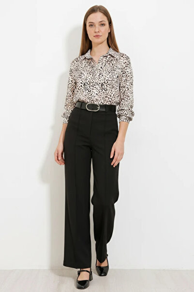 buğrahayalin Women's Shirt Collar High Waist Leopard Print Black Trousers