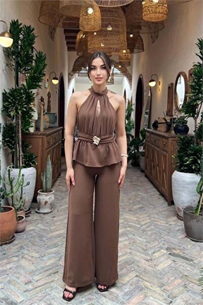 Dipmoda Women's Coffee Color Halter Neck Waist Buckle Belt Detailed Wide Leg ...