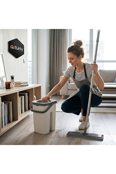 Ruhhy Flat Mop with Double Bucket, 11 L Bucket, Hands-Free Wringing System, 3...