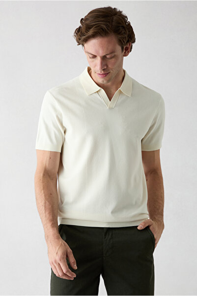 Kiğılı Düğmesiz Polo Yaka Regular Fit Desenli Örme Tişört