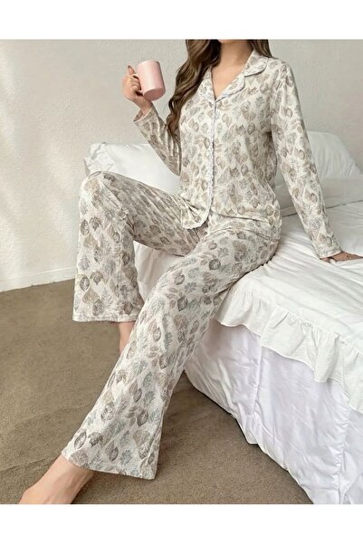 BIT1 Bit 1 Autumn Leaves Print Soft Sleepwear Two Piece Set Women Shirt Pants...