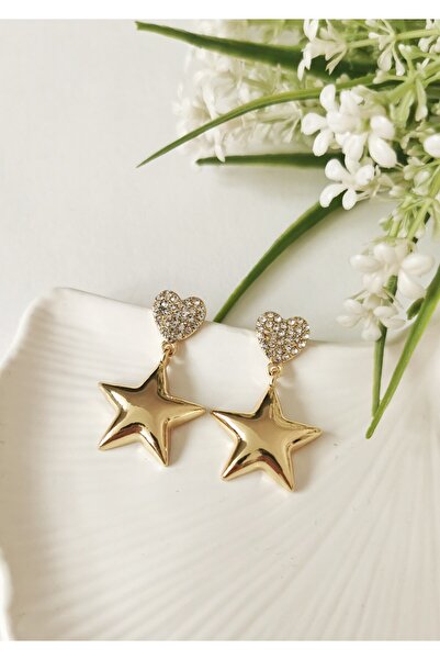 Halley Concept Gold Star Heart Detailed Steel Dangle Earrings 2.5X4 cm