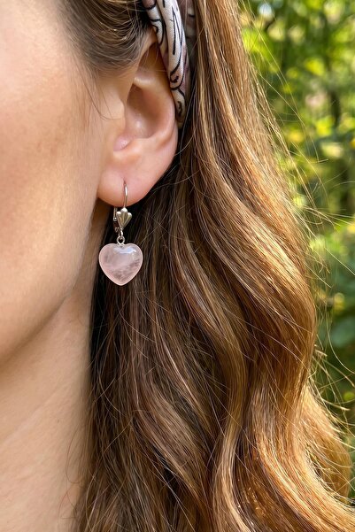 Taş Sandığı Pink Quartz Stone Heart Shaped Steel Earrings - Stainless