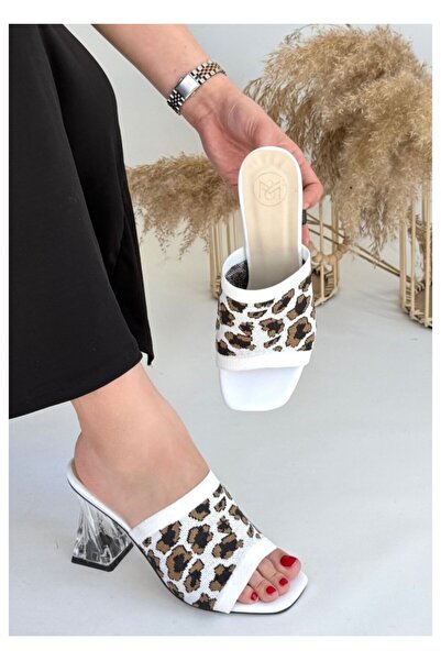 BellAyakkabı Women's Transparent Thick Heeled Knitwear Knitted Strap Slippers