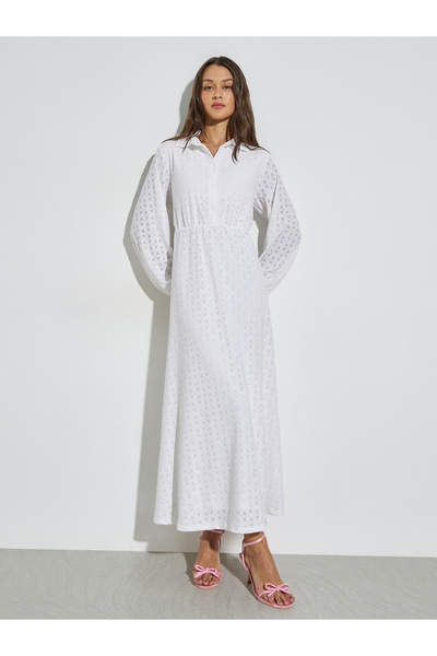 Styli Off White Eyelet Shirt Maxi Dress