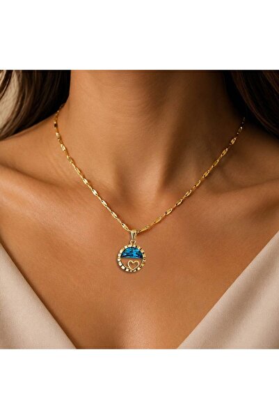 Bk Gift Blue Stone Women's Necklace with Heart Detail - Non-Tarnishing Gold S...