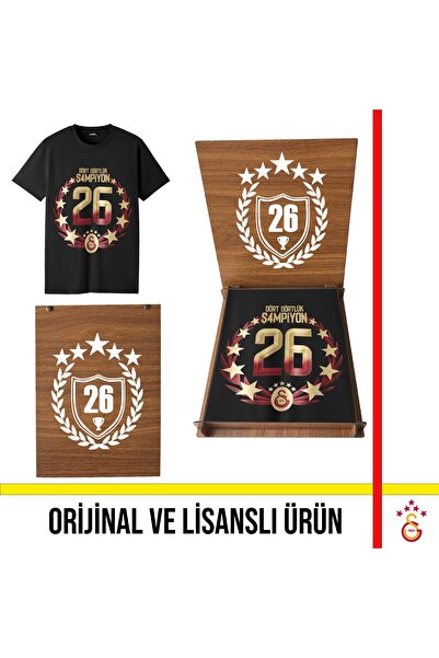 Galatasaray Lisanslı 2026 Şampiyonluk Siyah Tişört ve 26 Şampiyonluk Kutulu