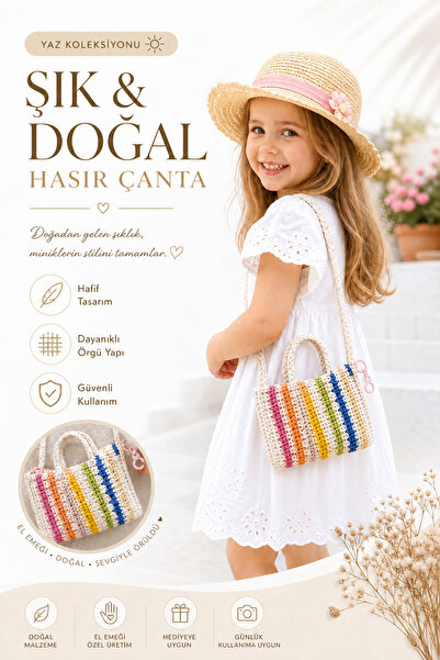 NEFFO Natural Handmade Straw Bag Summer Hand Knitted Durable Colorful Childre...