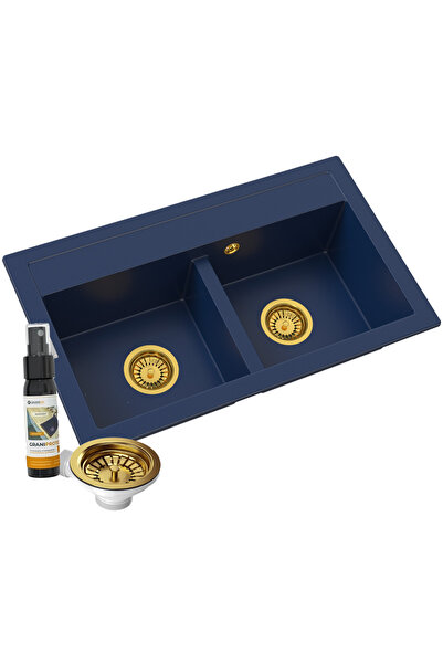 Granitan Chiuveta Granit Duet Albastru Marin, 746x442mm, 2 cuve, cu sifon auriu