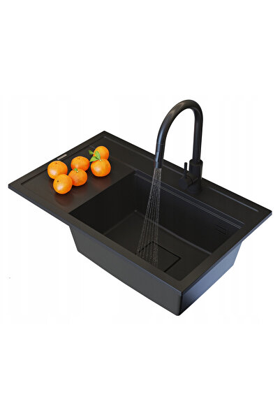 Granitan Chiuveta Granit Rendo Negru cu particule aurii, set cu baterie Prati...