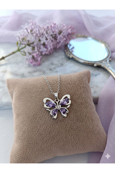 NAS fashion Silver Color Stone Detailed Butterfly Necklace