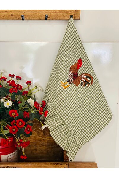 HOME OF BLOSSOM Yeşil pötikare Nakışlı Keten Mutfak Bezi