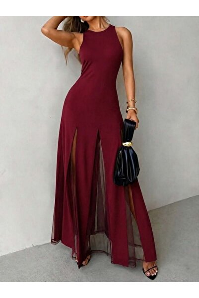 Aymood Women's Strappy Crew Neck Asymmetrical Hem Tulle Detailed Long Importe...