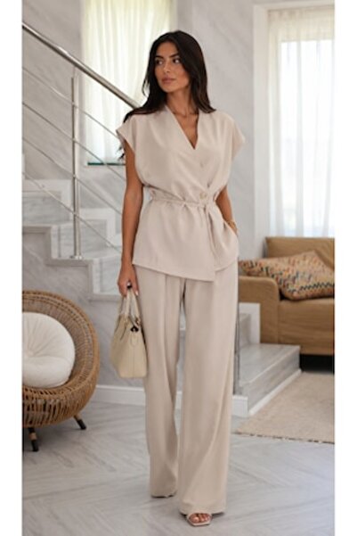 OEM Set elegant de damă cu tunică petrecută și pantaloni largi, bej crem, măr...