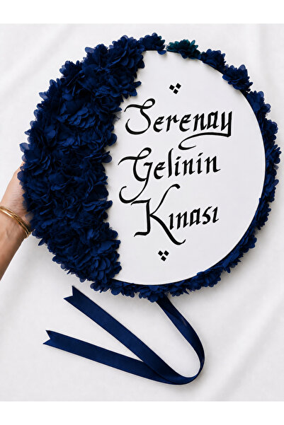 ELYNA Lacivert Gelin Defi, Çiçekli 32 cm, Kına Düğün Sünnet Düğünü Tefi