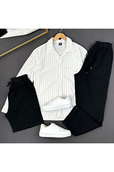 THEGENTMAN Striped Crepe Shirt Linen Shorts Linen Baggy Pants 3-Piece Set