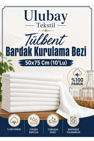 ulutekstil (10 ADET) Tülbent Mermerşahi Bardak Kurulama Bezi 50x75 Cm Restuar...