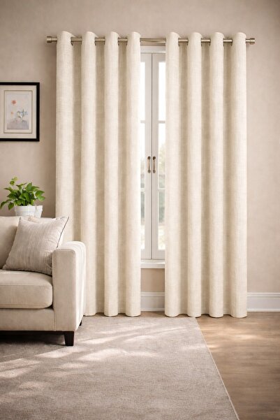 WAVES Off White Textured Linen Look Eyelet Curtain Set of 2 Panels with Acces...