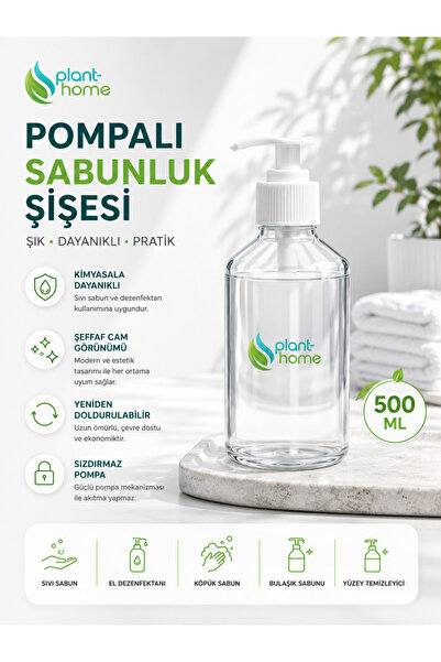 plant-home 500 ML Pompalı Sabunluk Şişesi - Şeffaf Cam Görünümlü Sıvı Sabunlu...