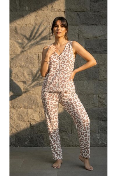 Nouche Brown Leopard Women's Sleeveless V-Neck Suit
