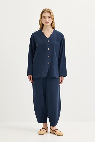 KADRİYE BAŞTÜRK Buttoned Modal Tunic Trouser Set Navy Blue
