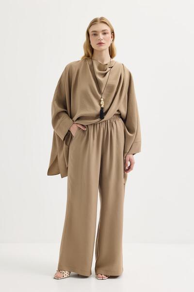 KADRİYE BAŞTÜRK Shawl Collar Modal Tunic Trousers Set Camel