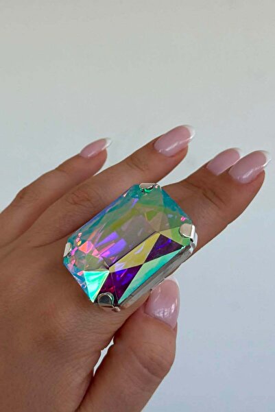 TAKIŞTIR Gümüş Renk Dikdörtgen Hologram Taş Detaylı Tasarım Yüzük
