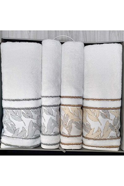 Özdilek 4 Piece Bath Set -Frond Gray Brown- (Large Bath Towel), Towel Set