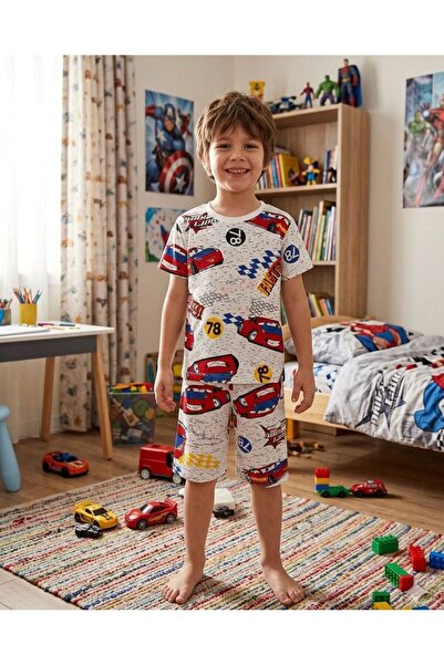 tusem butik homewear Boy's Cotton White Race Car Patterned Short Sleeve Summe...
