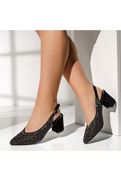 Modlet.ro Women's black block-heeled shoes with applied stones INA9