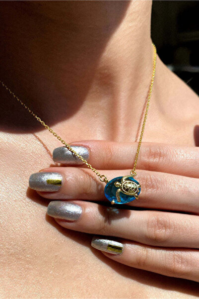 Spossy Silver Jewelry 925 Ayar Gümüş, Gold, Aqua Taşlı Kaplumbağa Kolye
