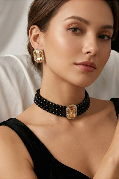 Happyline Baget Bal Stone Black Pearl Choker Necklace, Gold Plated Black Glas...