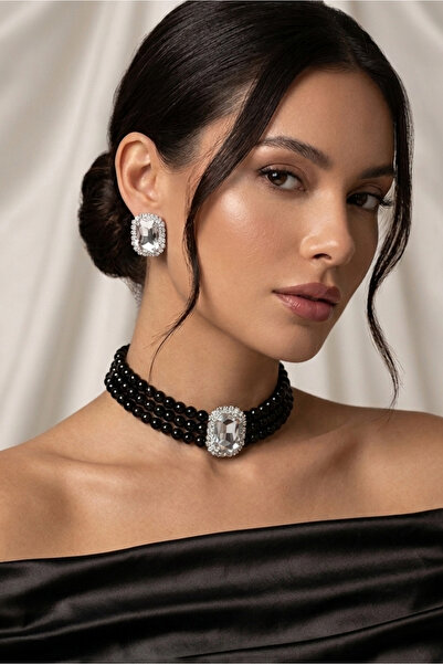 Happyline Baget Gümüş Taşlı Siyah İncili Choker Kolye, Siyah Cam İncili Kolye...