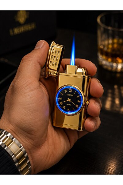 HediyeFilesi Saatli Gazlı Çakmak Gold – LED Işıklı Turbo Alevli - Dolu Gönder...