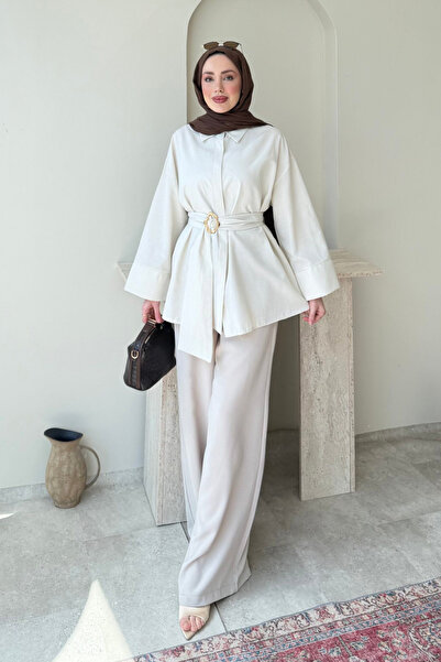 Tesettür Diyarı Dekta Cotton Fabric Brooch Belted Hijab Shirt - Cream Standar...