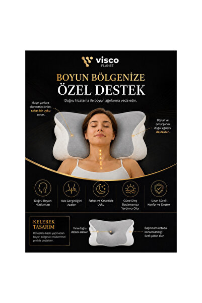 Visco Planet Ortopedik Visco Boyun Yastığı Memory Foam Boyun Destekli Ergonomik Uyku Yastığı 62x42x13/10 cm