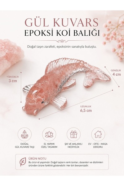 Agatella Tasarım Gül Kuvars Taşlı Epoksi Koi Balığı Biblo Dekoratif Obje Masa...