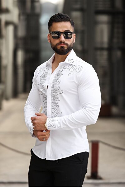 BAYIM Damla Motifli Slim Fit Erkek Taş İşlemeli Klasik Yaka Gömlek