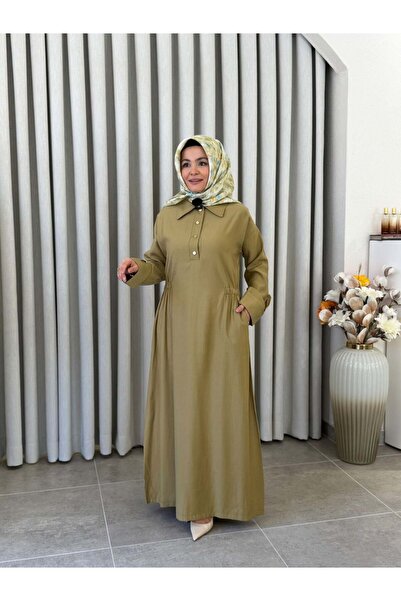 KADO فستان بتفاصيل مطاطية على الخصر باللون الأخضر الزيتي