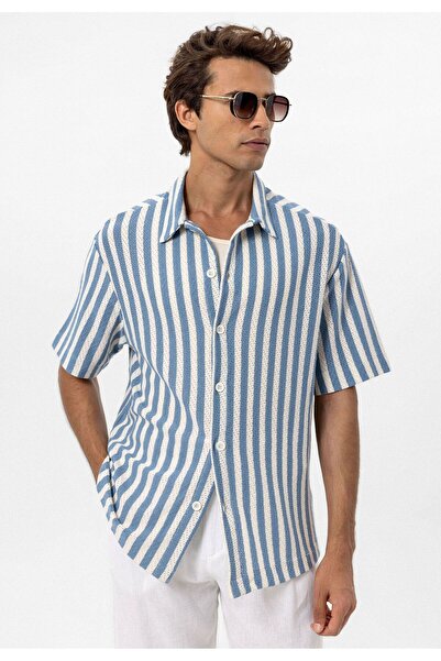 S13 Store Oversize Ajurlu Çizgili Gömlek