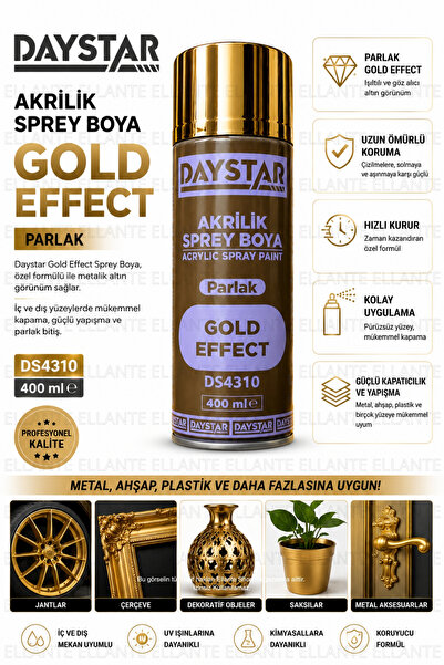 ellante Gold Effect Parlak Altın Akrilik Sprey Boya 400 ml – Metal, Ahşap, Pl...
