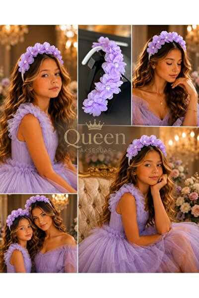 QUEEN AKSESUAR تاج مزين بالزهور واللؤلؤ باللون الأرجواني الفاتح، تاج للعروس و...