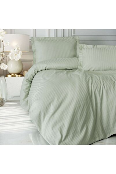 Cotton Box Stripe Pale Green Double Bed Linen, Satin Cotton (Sage)