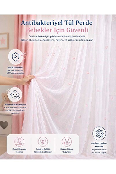 Taç Pembe Ay Yıldız Desen Çocuk ve Bebek Odaları İçin Keten Dokulu Sık Pile T...
