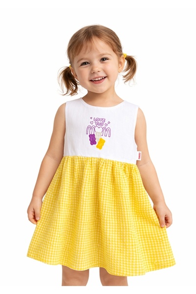 Haribo Girl's Pink/Yellow Gingham Teddy Bear Printed Cotton Summer Dress