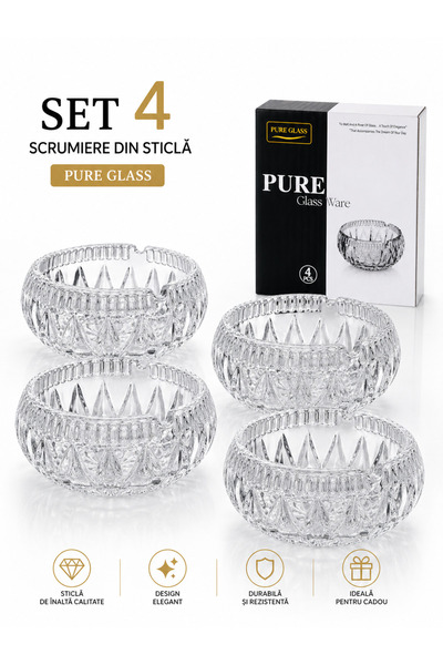 TelcoMag Scrumieră din Sticlă 10x4cm, Model Cristal, Transparentă 4 set
