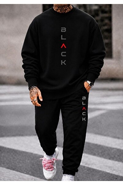 FAEL LİFE Unisex Wide Cut Zero Neck and Sweatpants Set with Black Print