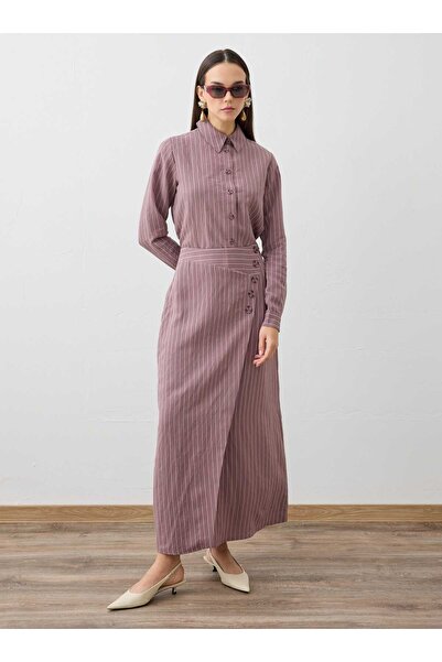 Refka Tunic & Asymmetrical Cut Skirt Detailed Dusty Rose Striped Set - Exclusive