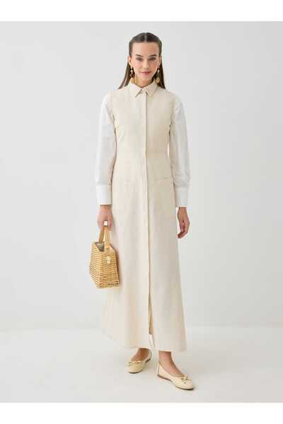 Benin Pocket Detailed Buttoned Sleeveless Hijab Dress - Beige -